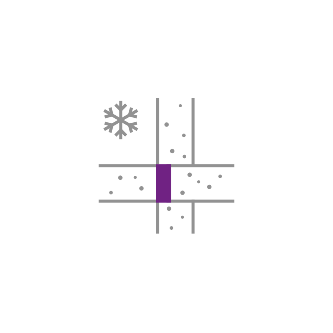 Icon mit Schneeflocke: Lila Dämmmaterial zwischen zwei Betonelementen zur thermischen Trennung und Wärmeschutz.