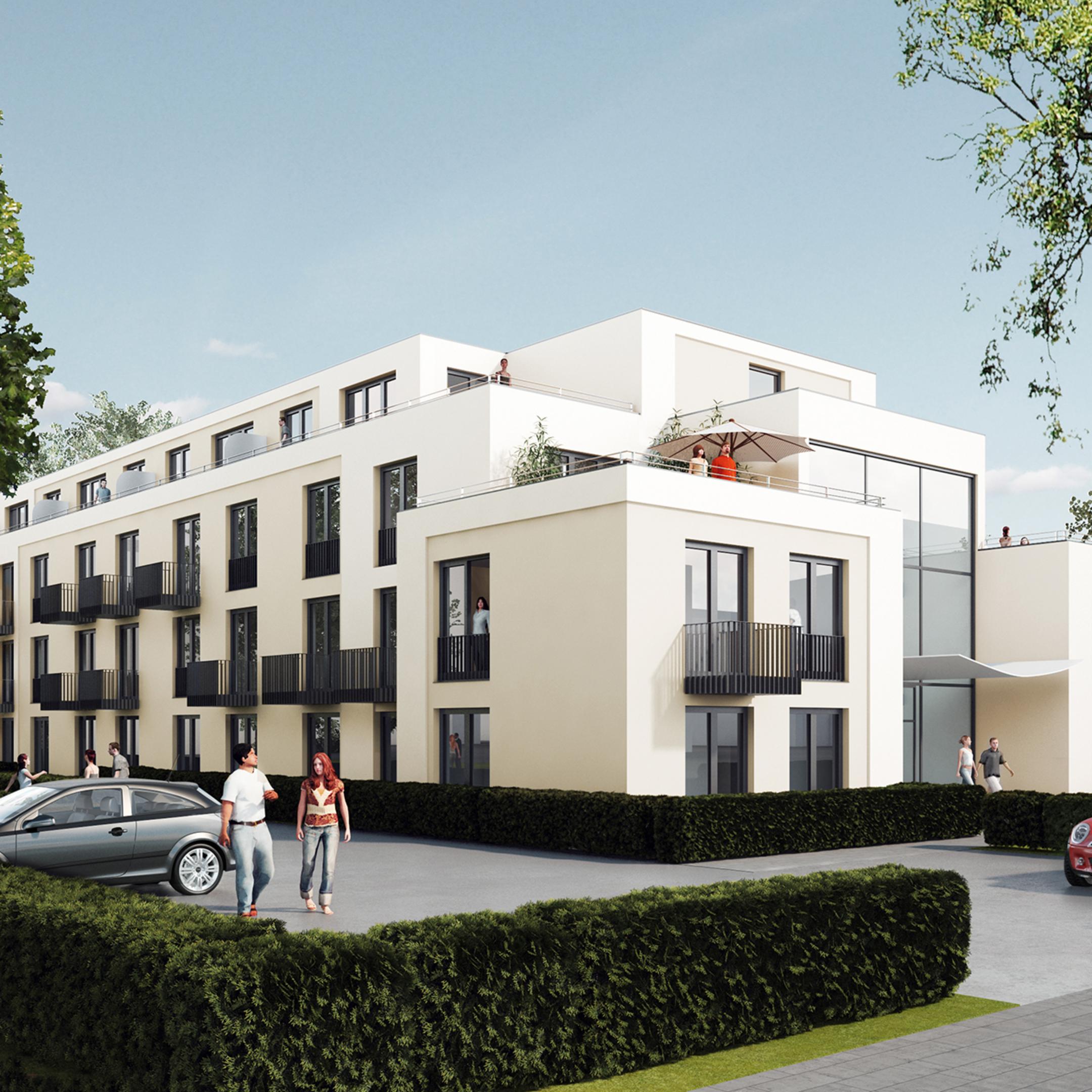 Ein moderner, weißer Wohngebäudekomplex mit Hecken und einem Parkplatz im Vordergrund.