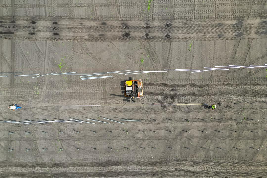 Luftaufnahme einer Baustelle mit Baufahrzeug und Arbeitern beim Setzen von Fundamenten auf vorbereitetem Gelände.