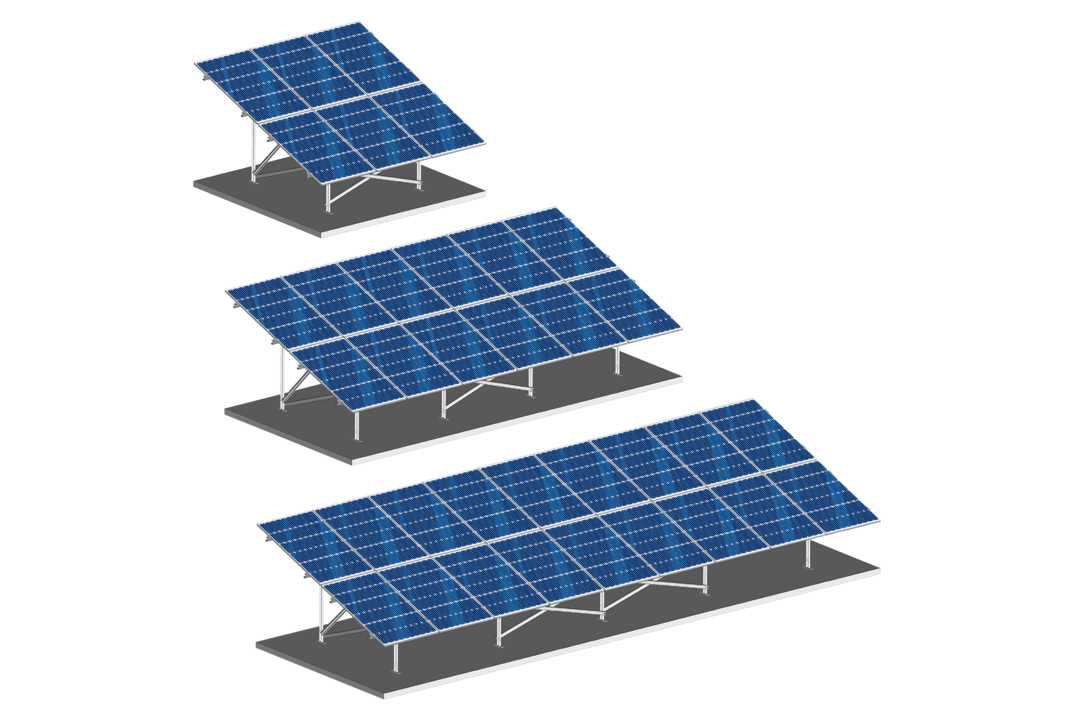 Isometrische Ansicht von drei PV-Tischsystemen mit 6, 12 und 18 Modulen in Süd-Ausrichtung, auf Betonfundamenten montiert.