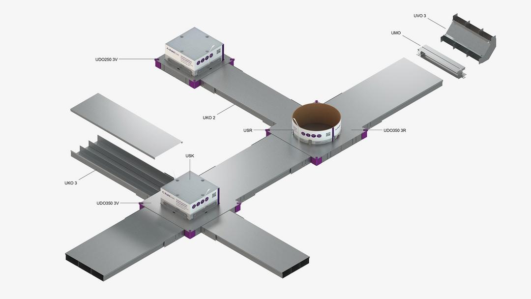 Unterflurkanalsystem aus Metall mit runden und eckigen Bodendosen für Strom und Daten