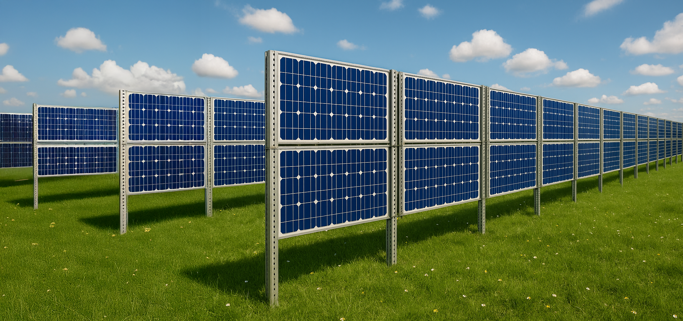 Reihenweise installierte vertikale Solarzaunelemente auf grüner Wiese unter blauem Himmel mit weißen Wolken.