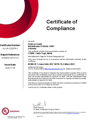 <div>Certificate of Compliance for PohlCon Cable Trays</div>