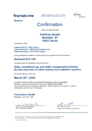 Conformity certificate for QA system on Standard KTA 1401