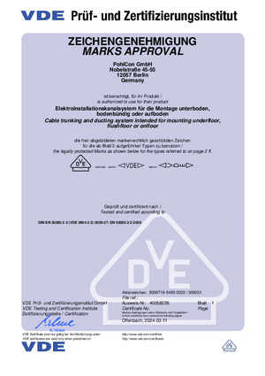 Prüfzeugnis zur VDE Prüfung nach DIN EN 50085-2-2, UBSF
