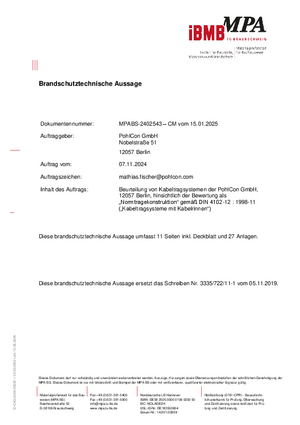 Brandschutztechnische Aussage Kabelrinnen