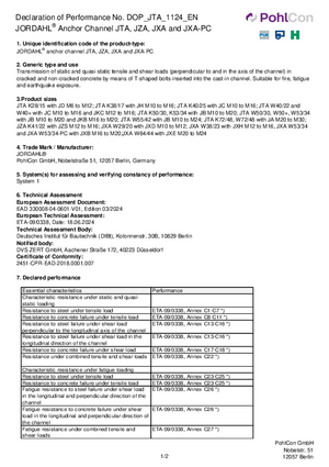 Declaration of Performance Anchor Channels JTA, JZA, JXA und JXA-PC