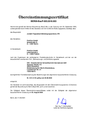 Übereinstimmungszertifikat Trapezblechbefestigungsschiene JTB