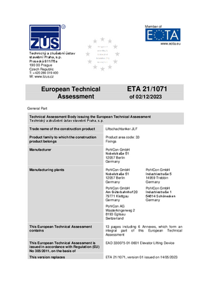 Europäische Technische Bewertung (ETA) für Liftschachtanker JLF